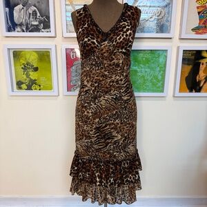 🐆 Vintage 90s Leopard Print Mesh Ruffle Midi Dress
